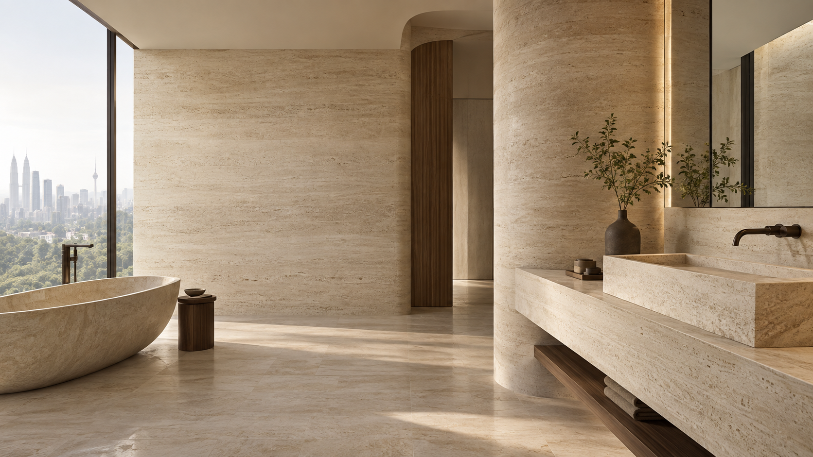 Warm ivory stone bathroom with monolithic basin