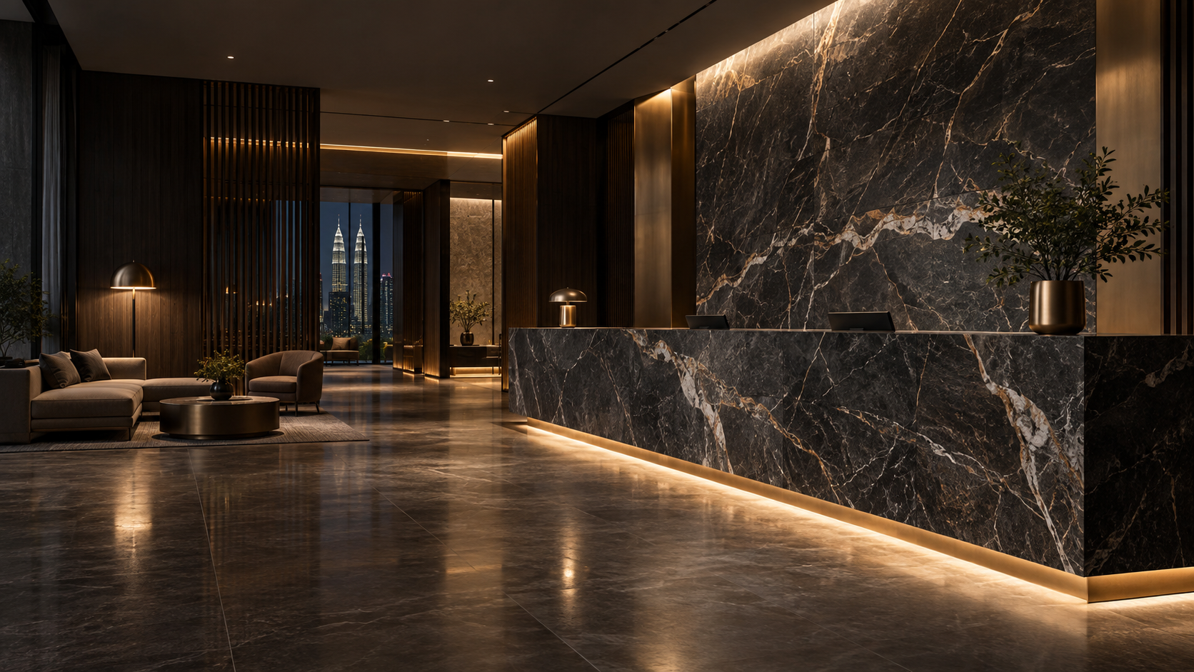 Dark veined stone reception counter in a boutique hotel