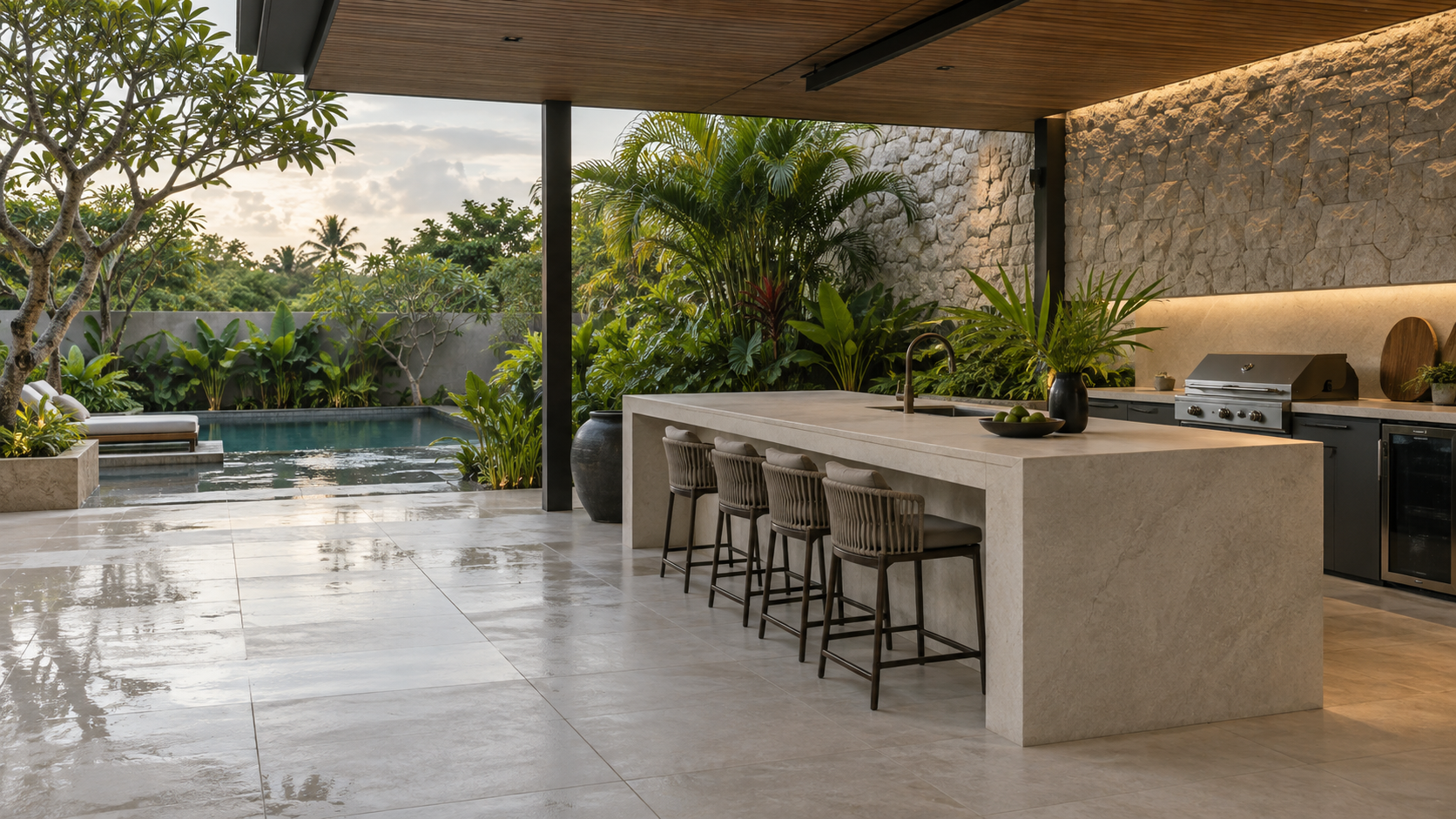 Pale stone outdoor kitchen in a tropical courtyard