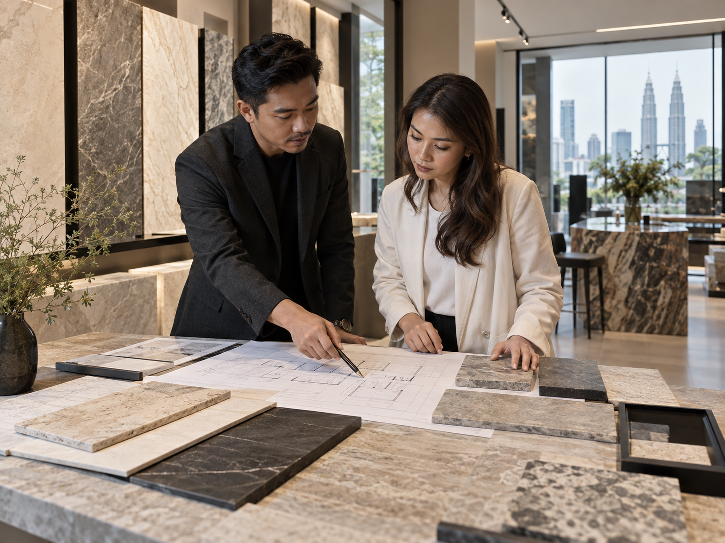 Architect and stone consultant reviewing a project brief in a material studio
