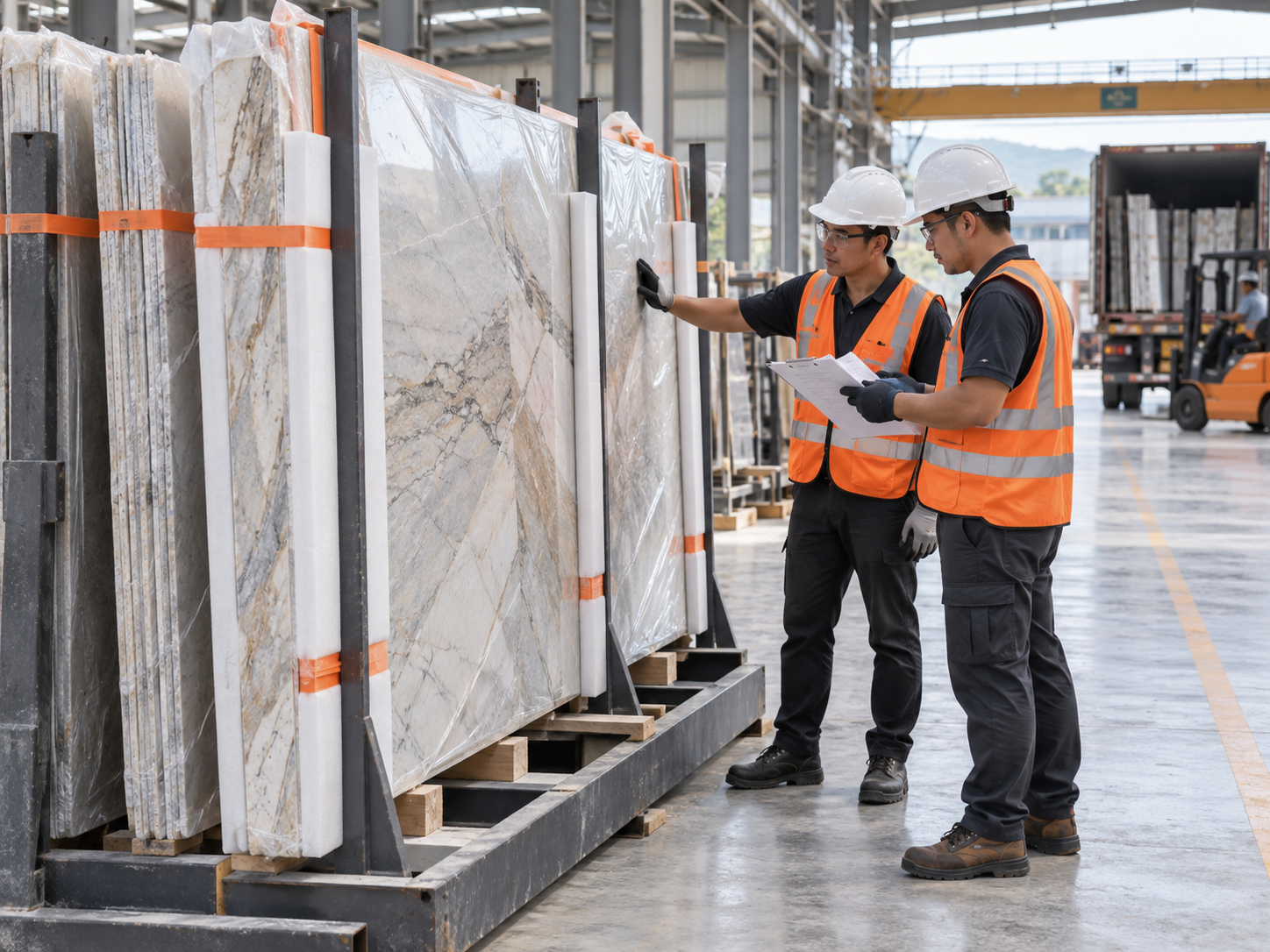 Factory specialists inspecting protected stone slabs before delivery