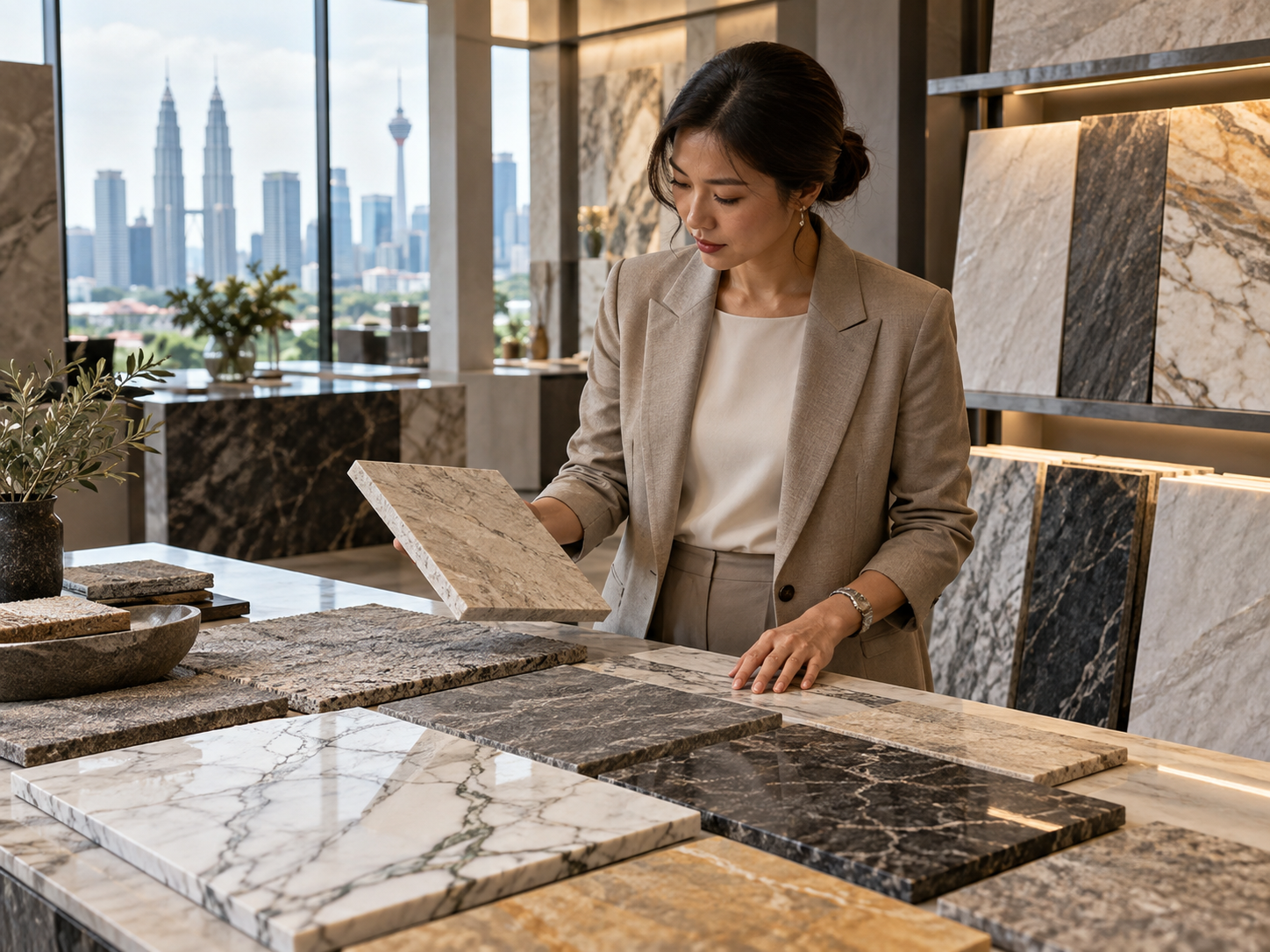 Material specialist comparing stone surface samples by colour and finish