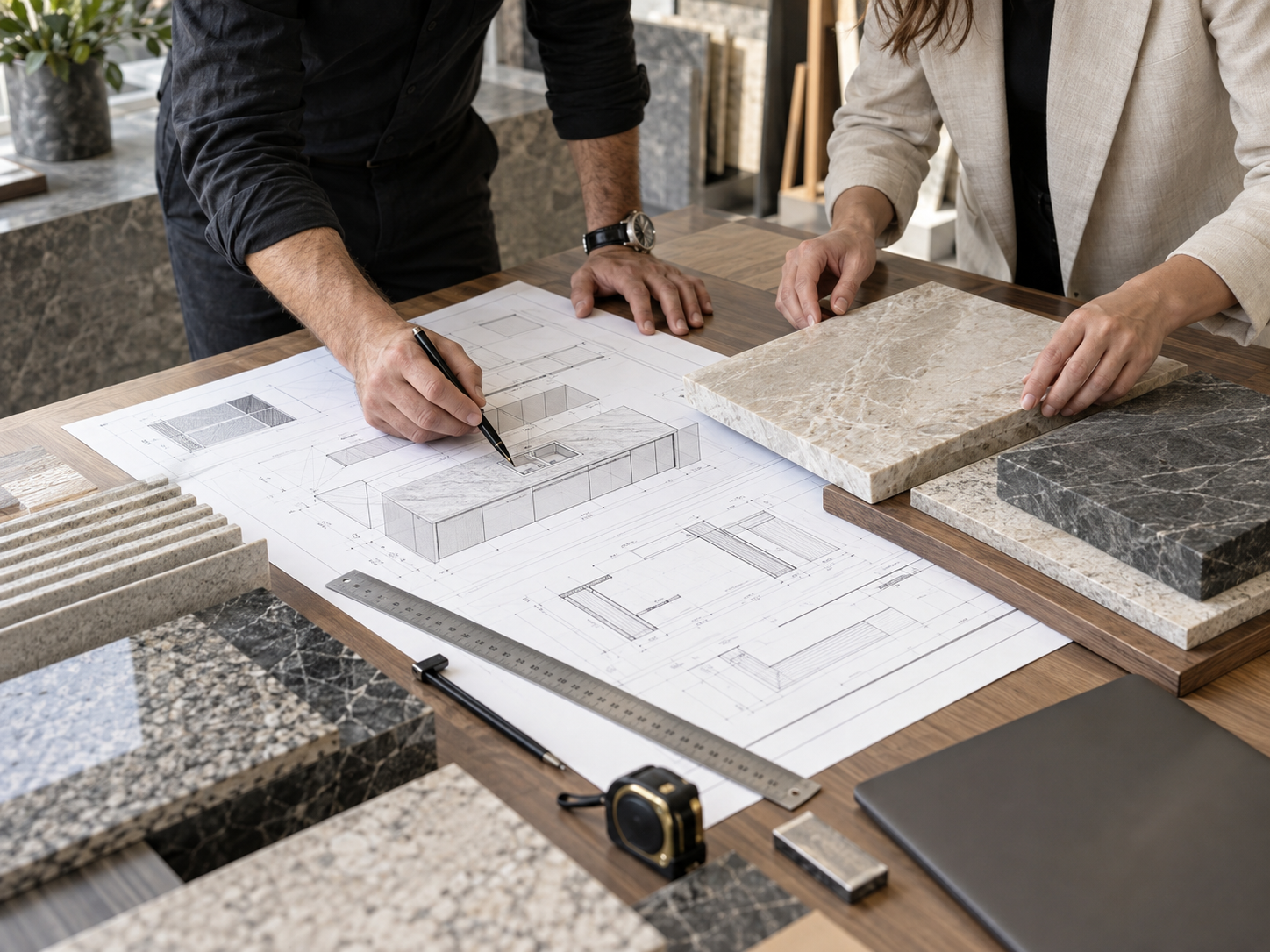 Technical coordinators resolving stone details with drawings and samples