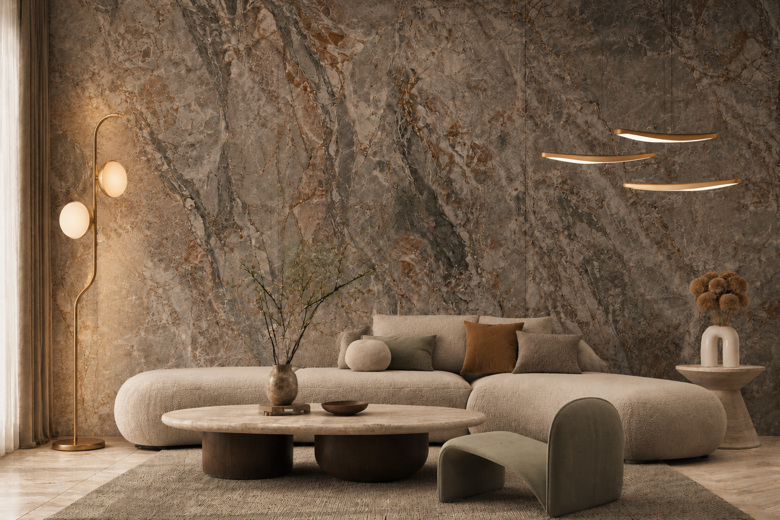 Warm interior with an expressive stone feature wall and sculptural furniture