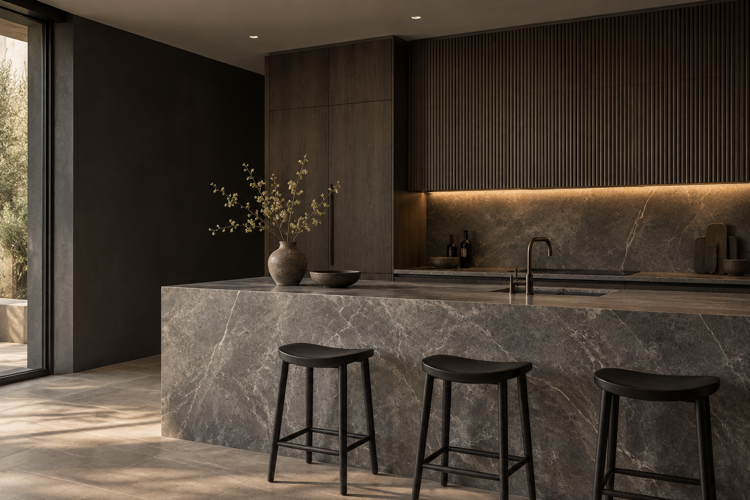 Dark stone kitchen island and backsplash in a refined residence